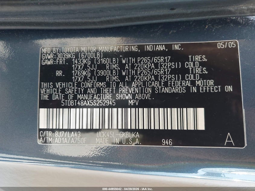 2005 Toyota Sequoia VIN 5TDBT48AX5S252945 IAAI salvage auction — FRONT & REAR, Salvage (California), sold $1,750 on 2026-07-08 (photo 9)