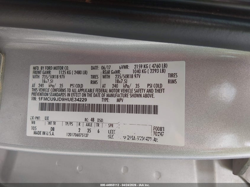2017 Ford Escape VIN 1FMCU9JD9HUE34229 IAAI salvage auction — FRONT END, Salvage (Missouri), sold $550 on 2026-07-31 (photo 9)