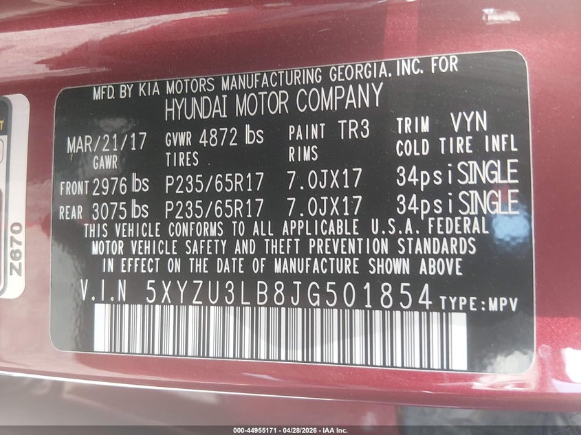 2018 Hyundai Santa fe VIN 5XYZU3LB8JG501854 IAAI salvage auction — SIDE, Salvage Title, sold $2,250 on 2026-07-23 (photo 9)