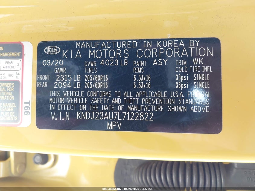 2020 Kia Soul VIN KNDJ23AU7L7122822 IAAI salvage auction — FRONT END, Salvage Title, sold $2,825 on 2026-07-15 (photo 9)