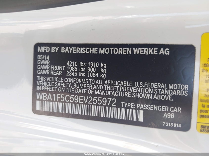 2014 BMW 2er VIN WBA1F5C59EV255972 IAAI salvage auction — WATER/FLOOD, Original (Texas), sold $2,100 on 2026-07-23 (photo 9)