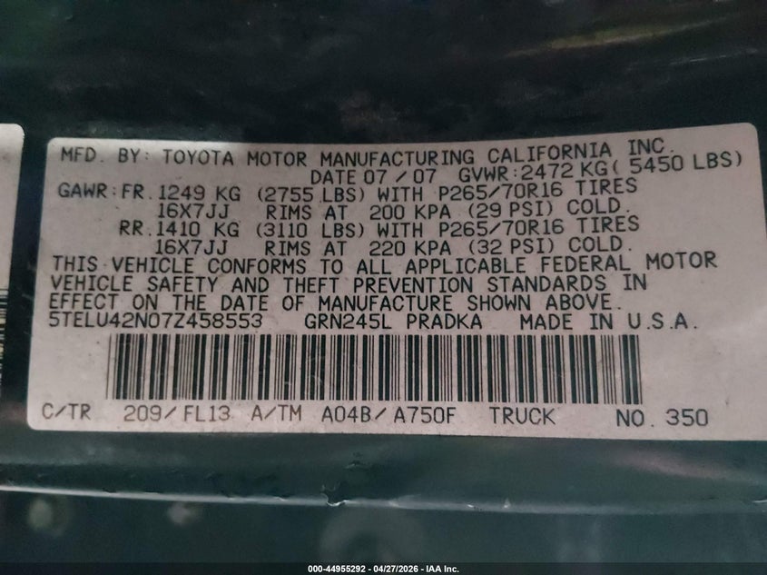 2007 Toyota Tacoma VIN 5TELU42N07Z458553 IAAI salvage auction — FRONT END, Salvage (Utah), sold $5,200 on 2026-07-16 (photo 9)