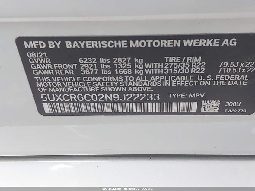 2022 BMW X5 VIN 5UXCR6C02N9J22233 IAAI salvage auction — LEFT REAR, Original (Texas), sold $26,650 on 2026-07-07 (photo 9)