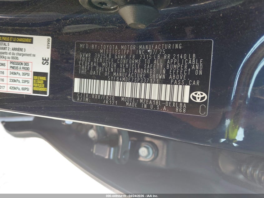 2025 Toyota Corolla VIN 5YFB4MDE7SP337171 IAAI salvage auction — LEFT SIDE, Salvage Title, sold $3,850 on 2026-07-20 (photo 9)