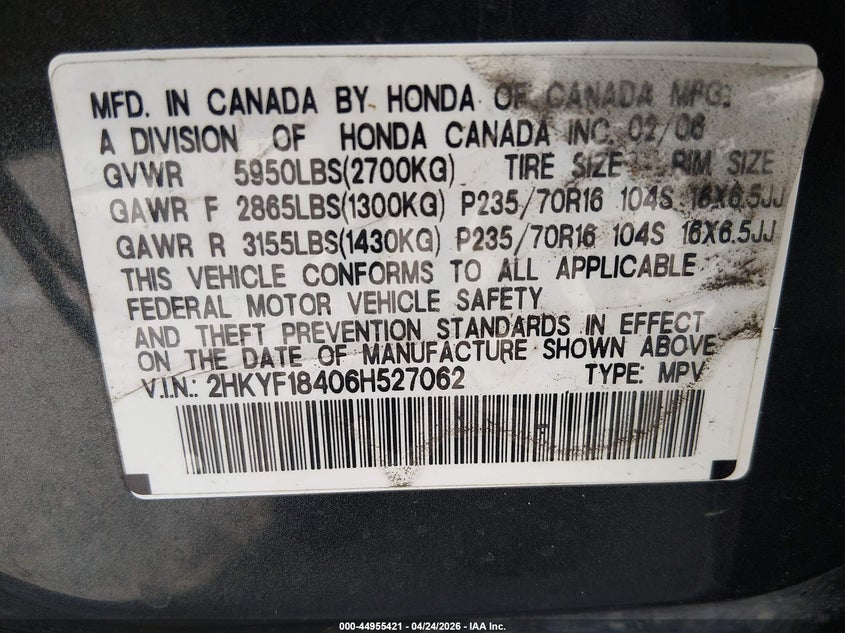 2006 Honda Pilot VIN 2HKYF18406H527062 IAAI salvage auction — NORMAL WEAR, Salvage (Texas), sold $600 on 2026-07-09 (photo 9)