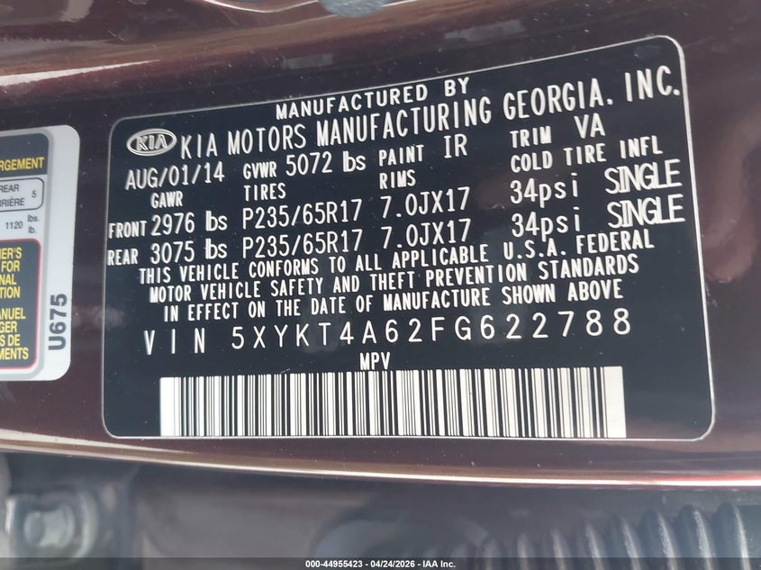 2015 Kia Sorento VIN 5XYKT4A62FG622788 IAAI salvage auction — RIGHT FRONT, Salvage (Texas), sold $1,050 on 2026-07-21 (photo 9)