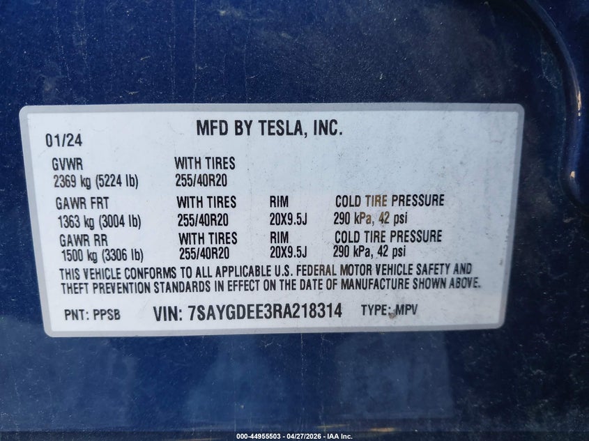 2024 Tesla Model y VIN 7SAYGDEE3RA218314 IAAI salvage auction — LEFT FRONT, Salvage Title, sold $12,500 on 2026-07-09 (photo 9)