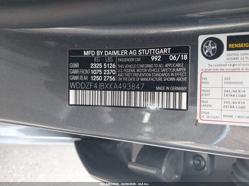 2019 Mercedes-benz E-klasse VIN WDDZF4JBXKA493847 IAAI salvage auction — FRONT END, Salvage (Idaho), sold $3,150 on 2026-08-01 (photo 9)