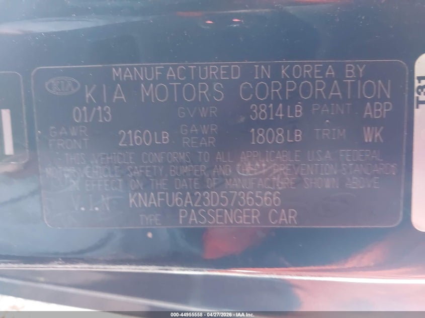 2013 Kia Forte VIN KNAFU6A23D5736566 IAAI salvage auction — RIGHT SIDE, Salvage (Arizona), sold $550 on 2026-07-07 (photo 9)