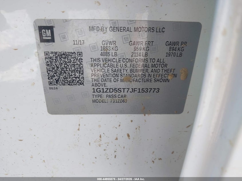 2018 Chevrolet Malibu VIN 1G1ZD5ST7JF153773 IAAI salvage auction — WATER/FLOOD, Salvage (Mississippi), sold $475 on 2026-07-17 (photo 9)
