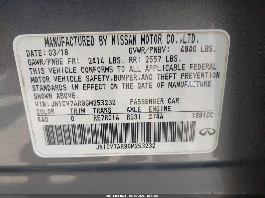 2016 Infiniti Q50 VIN JN1CV7AR9GM253232 IAAI salvage auction — FRONT END, Salvage Title, sold $675 on 2026-07-06 (photo 9)