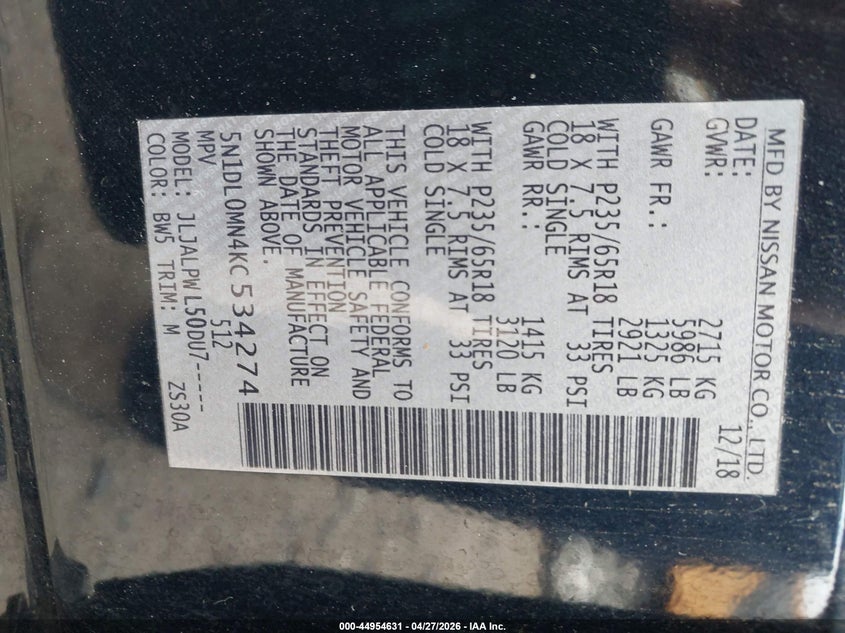 2019 Infiniti Qx60 VIN 5N1DL0MN4KC534274 IAAI salvage auction — LEFT FRONT, Original (Texas), sold $2,050 on 2026-07-09 (photo 9)