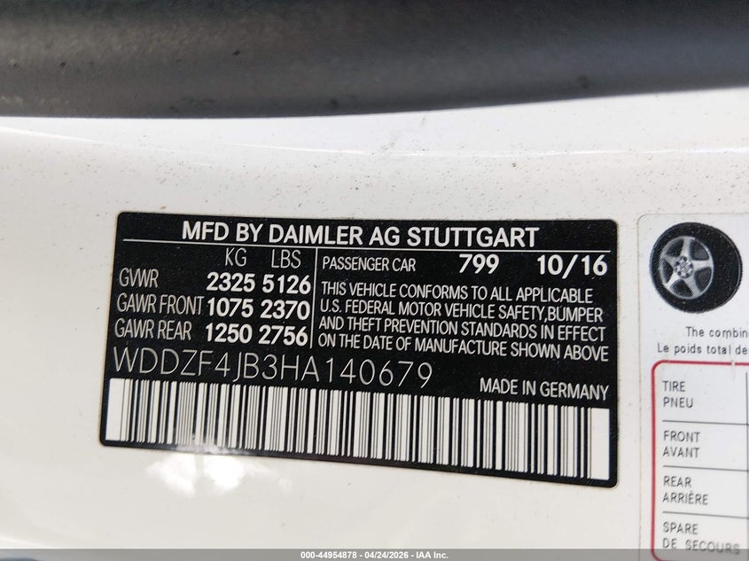 2017 Mercedes-benz E-klasse VIN WDDZF4JB3HA140679 IAAI salvage auction — RIGHT SIDE, Original (Texas), sold $8,500 on 2026-07-08 (photo 9)