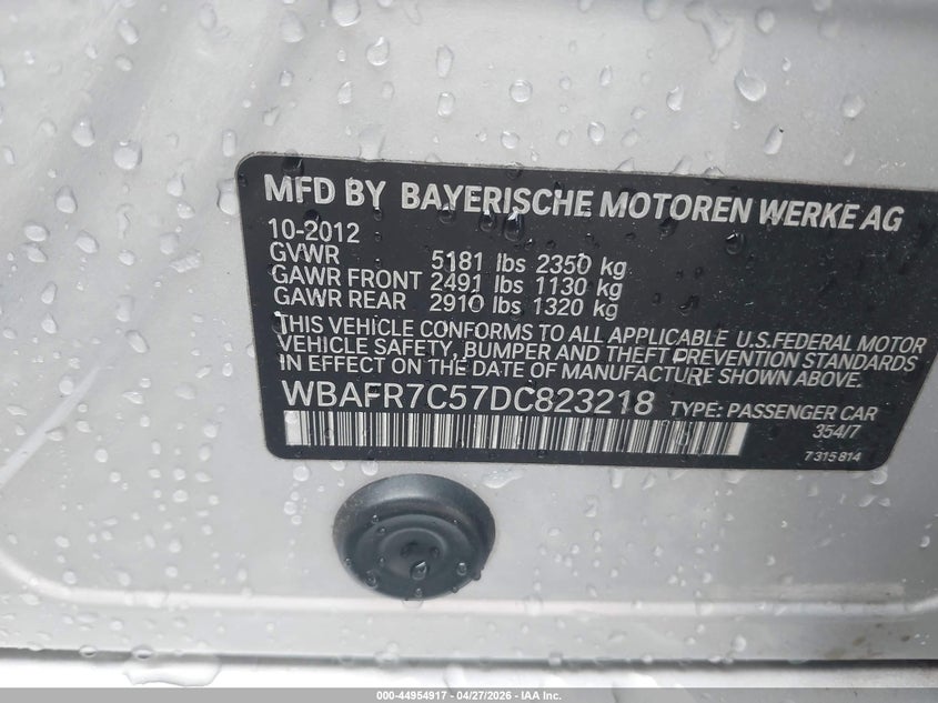 2013 BMW 5er VIN WBAFR7C57DC823218 IAAI salvage auction — FRONT & REAR, Salvage (Georgia), sold $400 on 2026-08-02 (photo 9)