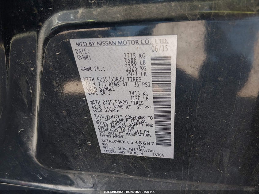 2015 Infiniti Qx60 VIN 5N1AL0MM9FC536697 IAAI salvage auction — FRONT END, Certificate Of Title (Nebraska), sold $2,300 on 2026-07-09 (photo 9)