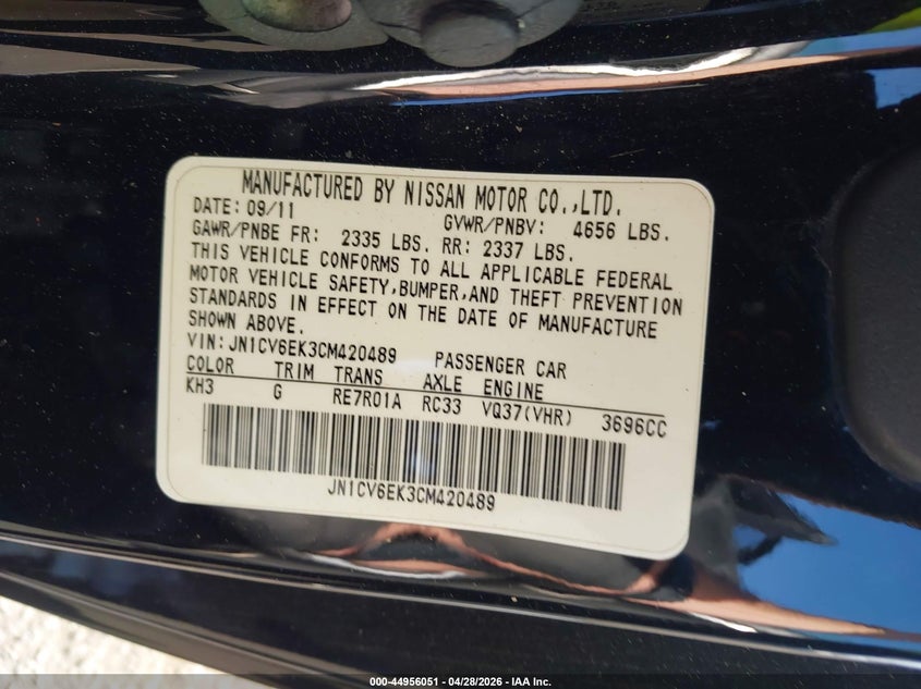 2012 Infiniti G VIN JN1CV6EK3CM420489 IAAI salvage auction — REAR END, Salvage Title, sold $1,600 on 2026-07-24 (photo 9)