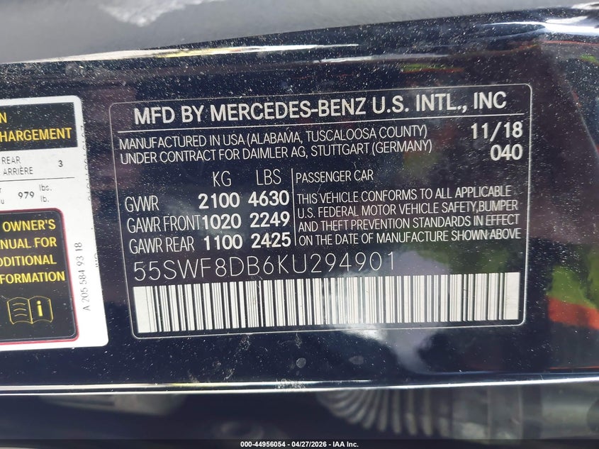 2019 Mercedes-benz C-klasse VIN 55SWF8DB6KU294901 IAAI salvage auction — REAR END, Salvage (Georgia), sold $5,900 on 2026-07-29 (photo 9)