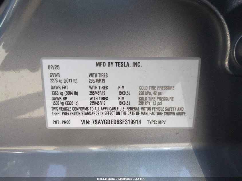2025 Tesla Model y VIN 7SAYGDED6SF319914 IAAI salvage auction — REAR END, Salvage Title, sold $11,250 on 2026-07-23 (photo 9)