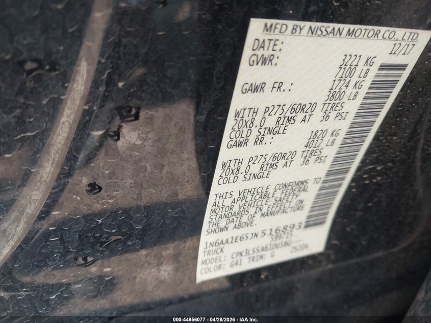 2018 Nissan TITAN VIN 1N6AA1E65JN516893 IAAI salvage auction — ROLLOVER, Salvage Title, sold $25 on 2026-10-02 (photo 9)