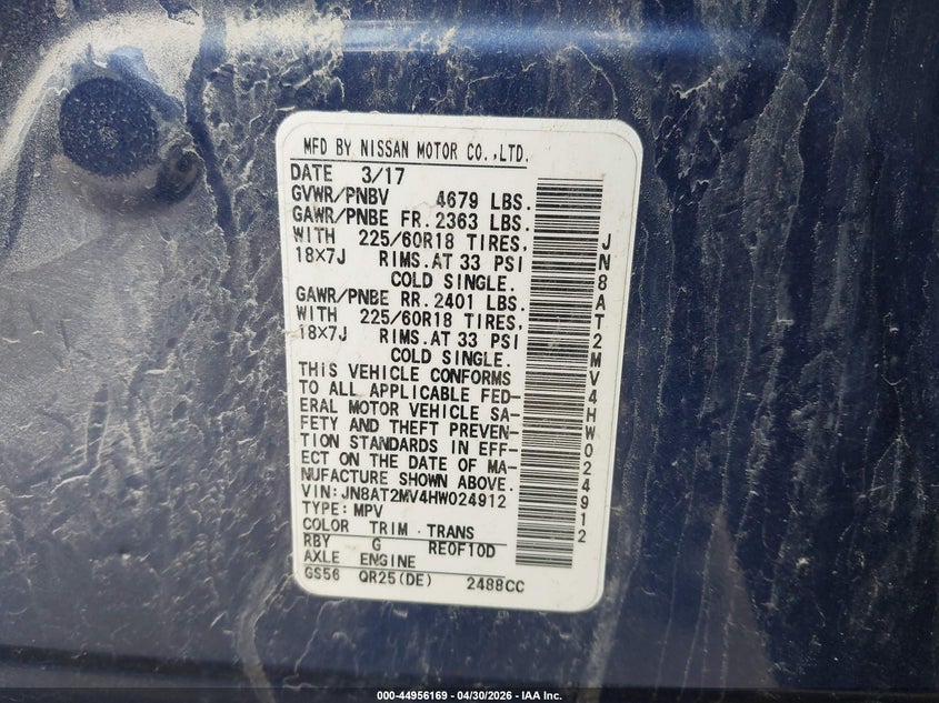 2017 Nissan Rogue VIN JN8AT2MV4HW024912 IAAI salvage auction — HAIL, Salvage (Iowa), sold $2,775 on 2026-07-13 (photo 9)