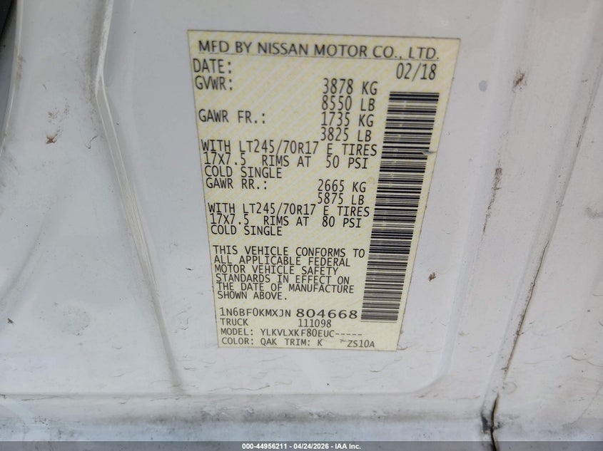 2018 Nissan Nv VIN 1N6BF0KMXJN804668 IAAI salvage auction — REAR END, Salvage (Texas), sold $1,550 on 2026-07-20 (photo 9)