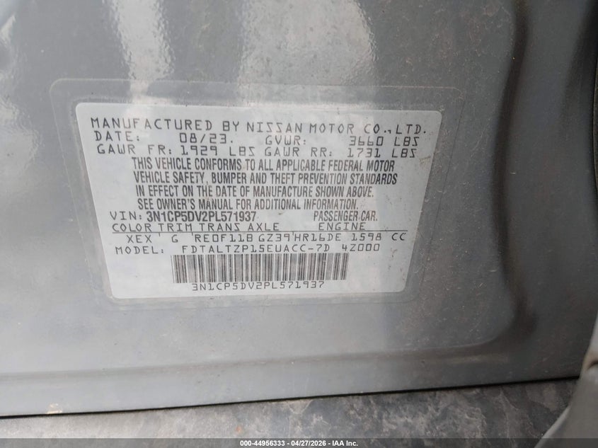 2023 Nissan Kicks VIN 3N1CP5DV2PL571937 IAAI salvage auction — LEFT FRONT, Salvage (West Virginia), sold $25 on 2026-07-29 (photo 9)