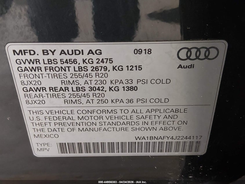 2018 Audi Q5 VIN WA1BNAFY4J2244117 IAAI salvage auction — FRONT END, Salvage Title, sold $5,075 on 2026-08-24 (photo 9)