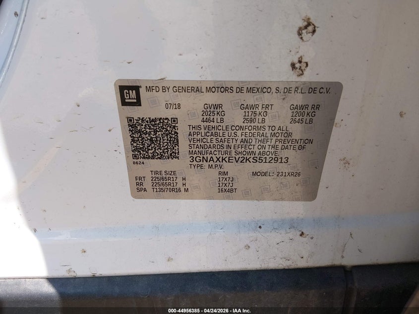 2019 Chevrolet Equinox VIN 3GNAXKEV2KS512913 IAAI salvage auction — FRONT END, Salvage (North Carolina), sold $2,300 on 2026-07-06 (photo 9)