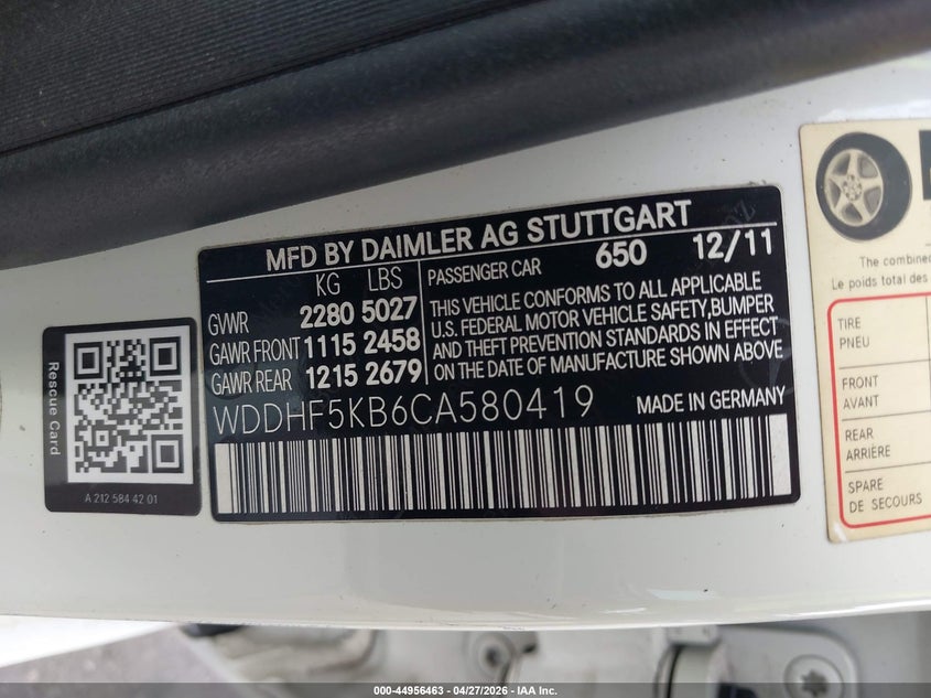 2012 Mercedes-benz E-klasse VIN WDDHF5KB6CA580419 IAAI salvage auction — FRONT END, Salvage Title, sold $325 on 2026-07-22 (photo 9)