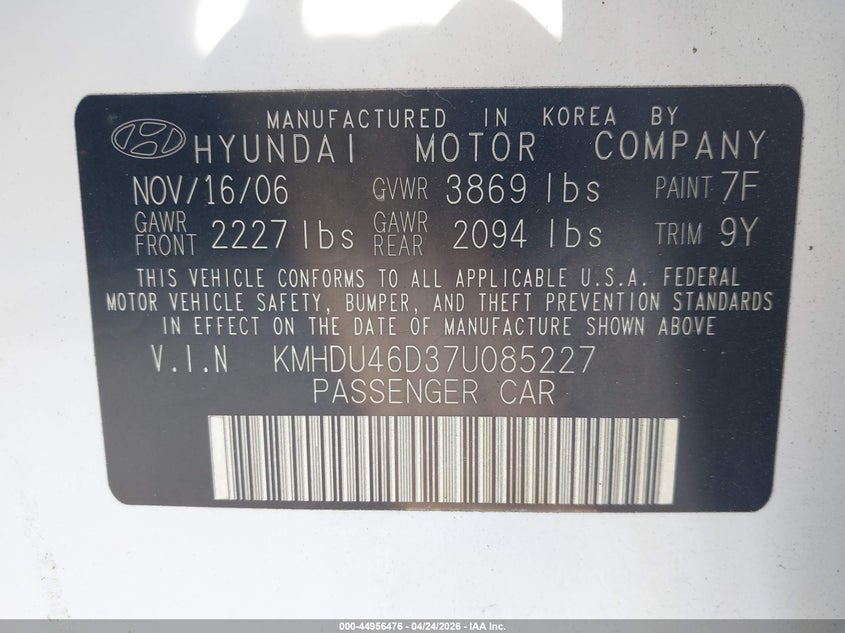 2007 Hyundai Elantra VIN KMHDU46D37U085227 IAAI salvage auction — FRONT END, Rebuildable (Florida), sold $625 on 2026-07-20 (photo 9)