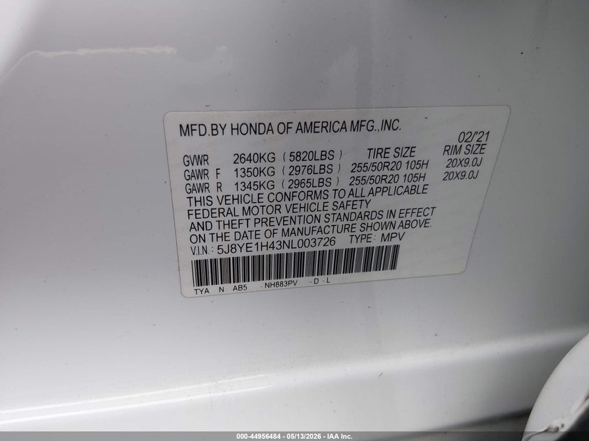 2022 Acura Mdx VIN 5J8YE1H43NL003726 IAAI salvage auction — RIGHT REAR, Rebuildable (Florida), sold $4,550 on 2026-07-09 (photo 9)