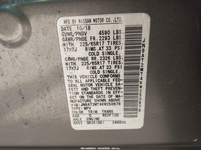 2019 Nissan Rogue VIN JN8AT2MT4KW250678 IAAI salvage auction — FRONT END, Salvage Title, sold $1,950 on 2026-07-27 (photo 9)