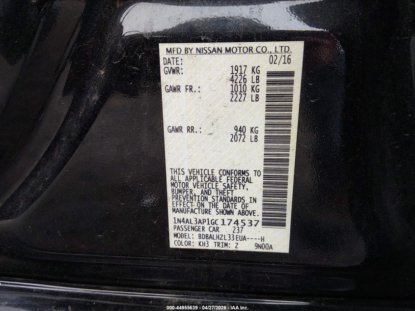 2016 Nissan Altima VIN 1N4AL3AP1GC174537 IAAI salvage auction — SIDE, Salvage (South Carolina), sold $1,050 on 2026-07-18 (photo 9)