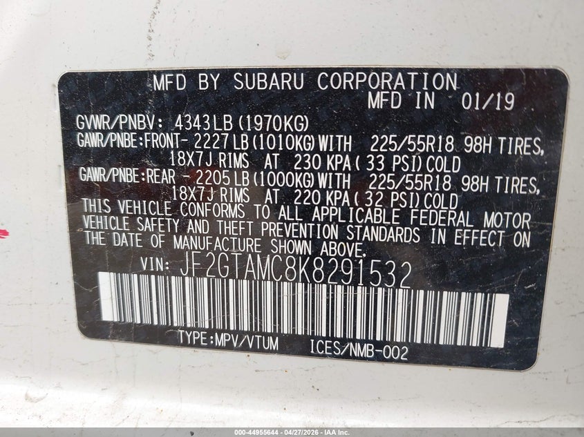 2019 Subaru Crosstrek VIN JF2GTAMC8K8291532 IAAI salvage auction — REAR END, Clear (Michigan), sold $4,875 on 2026-07-16 (photo 9)