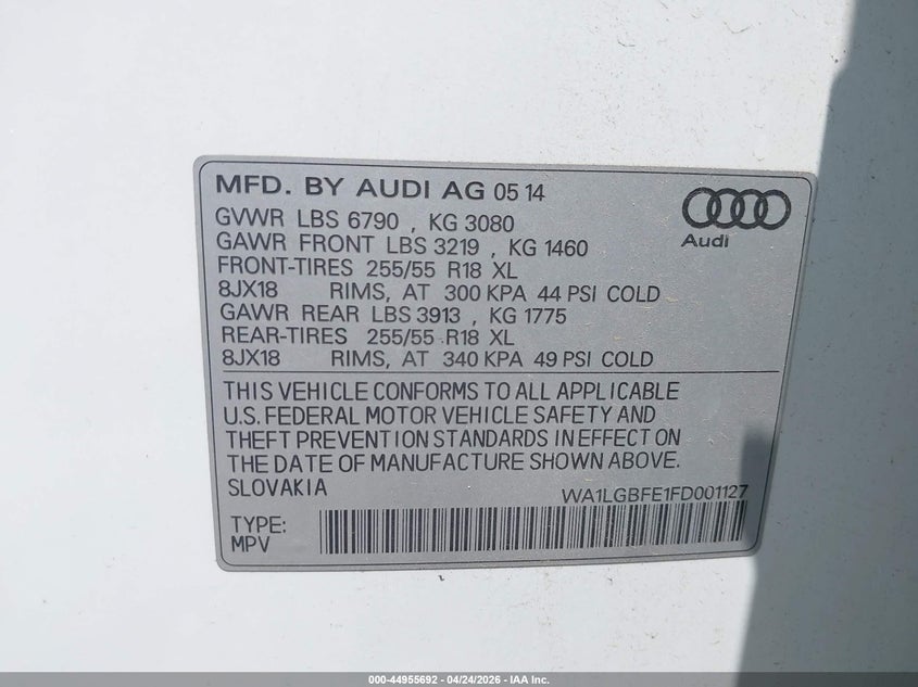 2015 Audi Q7 VIN WA1LGBFE1FD001127 IAAI salvage auction — FRONT END, Original (Texas), sold $2,900 on 2026-07-13 (photo 9)