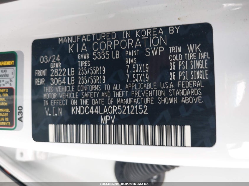2024 Kia Ev6 VIN KNDC44LA0R5212152 IAAI salvage auction — LEFT SIDE, Wait Title, sold $11,600 on 2026-07-08 (photo 9)