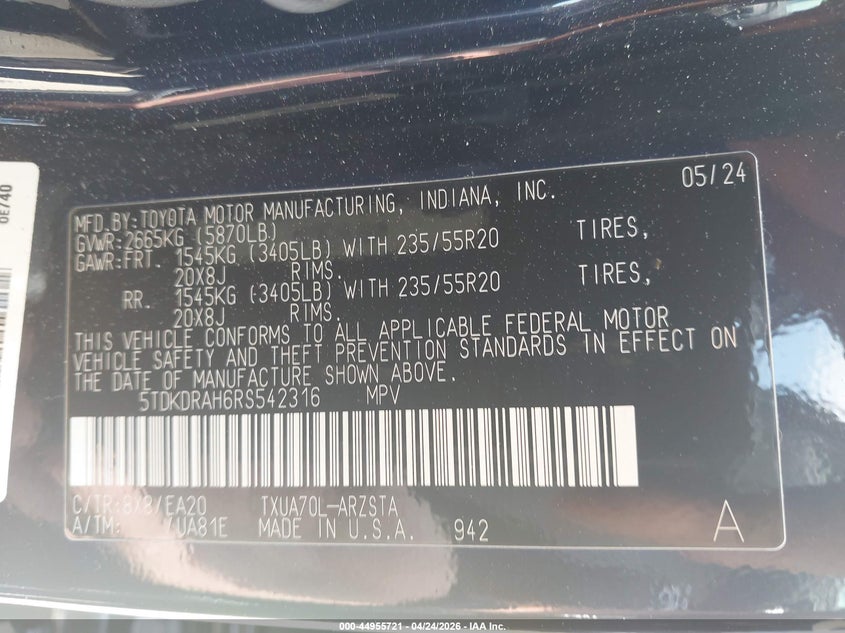 2024 Toyota Highlander VIN 5TDKDRAH6RS542316 IAAI salvage auction — RIGHT SIDE, Salvage Title, sold $14,500 on 2026-07-23 (photo 9)