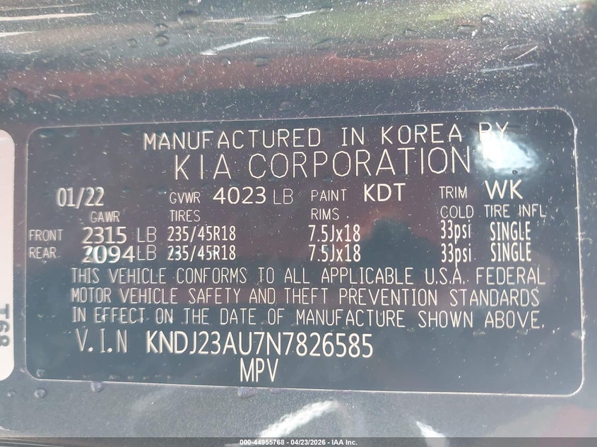 2022 Kia Soul VIN KNDJ23AU7N7826585 IAAI salvage auction — REAR END, Salvage (Alabama), sold $2,750 on 2026-07-08 (photo 9)