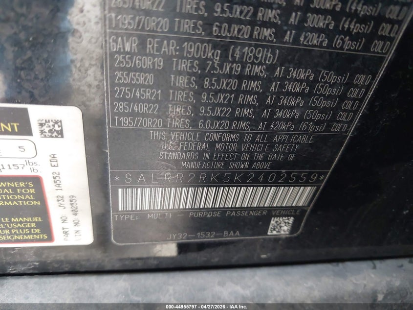 2019 Land rover Discovery VIN SALRR2RK5K2402559 IAAI salvage auction — FRONT END, Original (Texas), sold $8,650 on 2026-07-20 (photo 9)