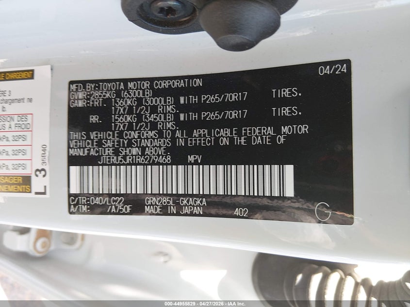2024 Toyota 4runner VIN JTERU5JR1R6279468 IAAI salvage auction — RIGHT FRONT, Original (Texas), sold $17,750 on 2026-07-29 (photo 9)