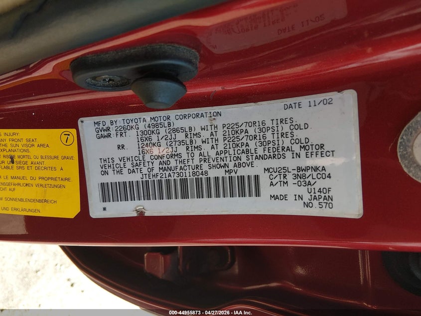 2003 Toyota Highlander VIN JTEHF21A730118048 IAAI salvage auction — REAR END, Bill Of Sale (Connecticut), sold $425 on 2026-07-09 (photo 9)