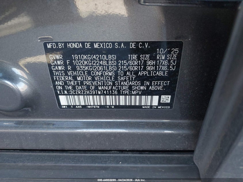 2026 Honda Hr-v VIN 3CZRZ2H39TM741136 IAAI salvage auction — FRONT END, Salvage (Minnesota), sold $7,200 on 2026-07-29 (photo 9)