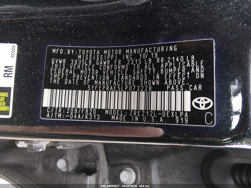 2020 Toyota Corolla VIN 5YFEPRAE5LP073228 IAAI salvage auction — FRONT & REAR, Salvage Title, sold $2,550 on 2026-07-31 (photo 9)