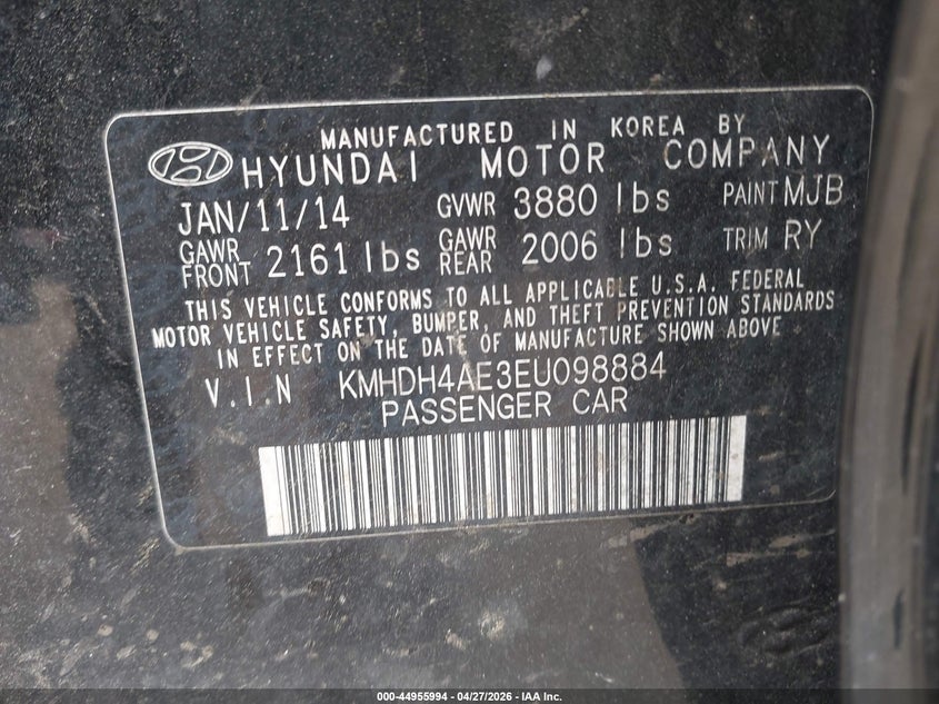 2014 Hyundai Elantra VIN KMHDH4AE3EU098884 IAAI salvage auction — FRONT & REAR, Salvage (Ohio), sold $300 on 2026-07-30 (photo 9)