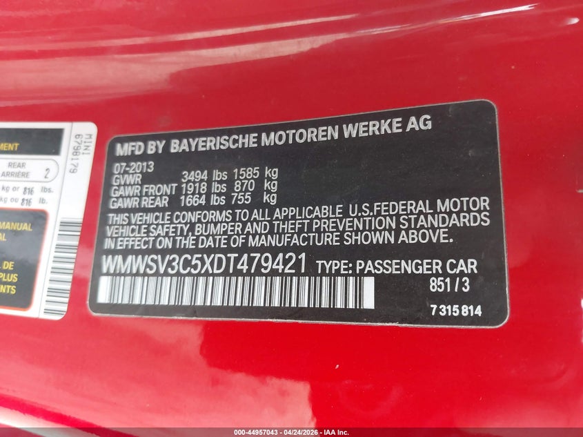 2013 Mini Hard top VIN WMWSV3C5XDT479421 IAAI salvage auction — FRONT END, Mv-907A (New York), sold $1,250 on 2026-07-08 (photo 9)