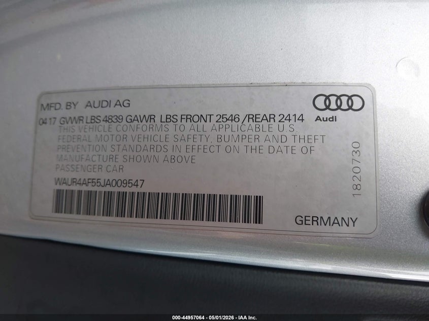 2018 Audi S5 VIN WAUR4AF55JA009547 IAAI salvage auction — LEFT REAR, Wait Title, sold $3,100 on 2026-07-15 (photo 9)