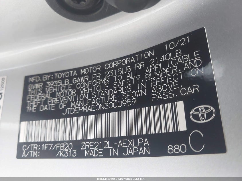 2022 Toyota Corolla VIN JTDEPMAE0N3000959 IAAI salvage auction — FRONT END, Salvage (Texas), sold $875 on 2026-07-28 (photo 9)