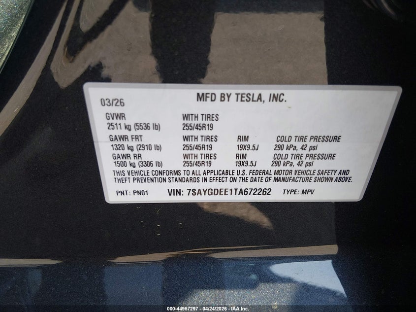 2026 Tesla Model y VIN 7SAYGDEE1TA672262 IAAI salvage auction — FRONT END, Salvage Title, sold $10,100 on 2026-07-12 (photo 9)