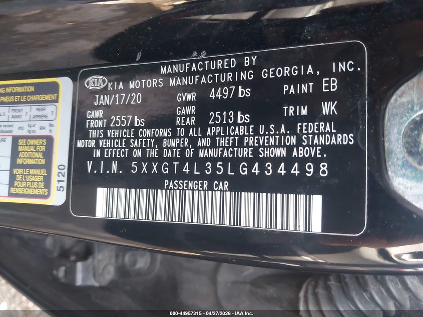 2020 Kia Optima VIN 5XXGT4L35LG434498 IAAI salvage auction — FRONT END, Salvage Title, sold $1,650 on 2026-07-07 (photo 9)