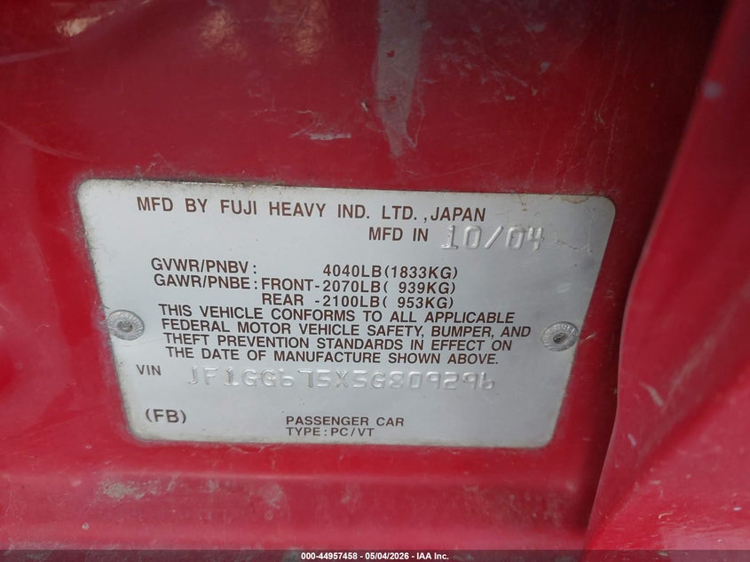 2005 Subaru Impreza VIN JF1GG675X5G809296 IAAI salvage auction — FRONT & REAR, Certificate Of Title (Nebraska), sold $425 on 2026-07-06 (photo 9)